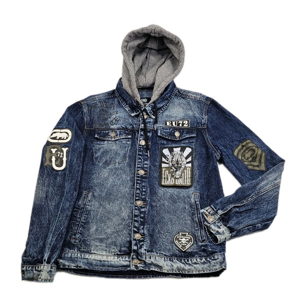 Ecko Unltd Graphic Med Denim Jacket EU72 Seven Deuce Dice Airborne Military BX20